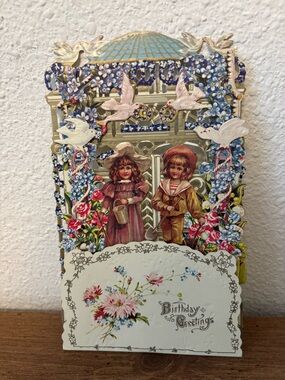 Vintage Style Blue and Pink Floral Birthday Greeting Card